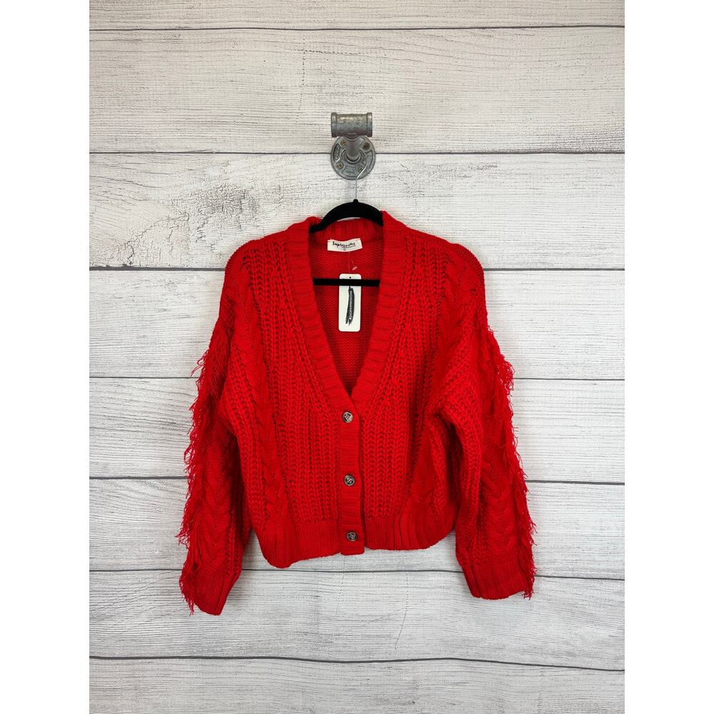 Impressions Women's Red Woven Knit Fringe Button Up Cardigan Size Small